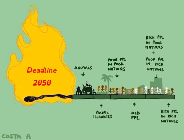 A burning matchstick, flame advancing toward various groups painted along it: Animals, Pacific islanders, Poor people in poor nations, Old people, Rich people in poor nations + poor people in rich nations, Rich people in rich nations. Upon the flame, words "Deadline 2050"